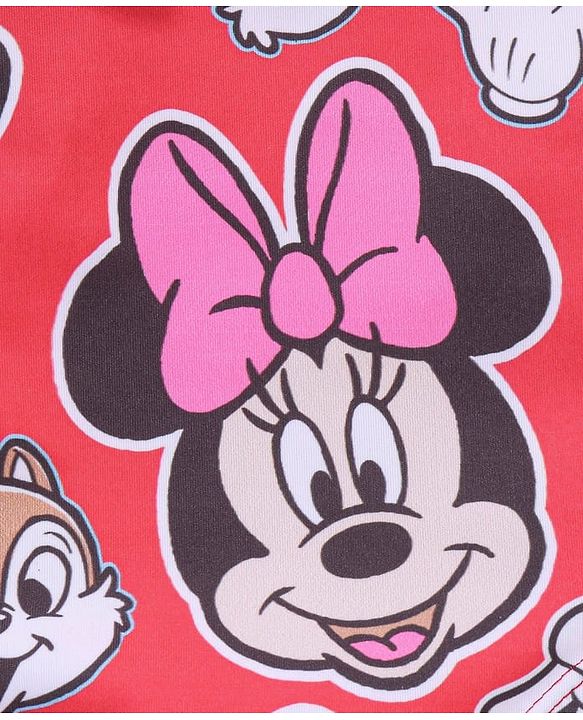 Babyhug Disney Sleeveless V Cut Swimsuit with Frill Detailing Minnie Mouse Print - Red