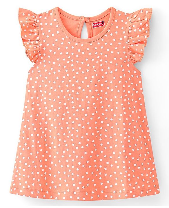Babyhug Cotton Knit Single Jersey Frill Sleeves Nighty With Polka Dots Print - Peach