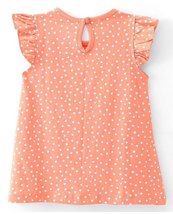 Babyhug Cotton Knit Single Jersey Frill Sleeves Nighty With Polka Dots Print - Peach