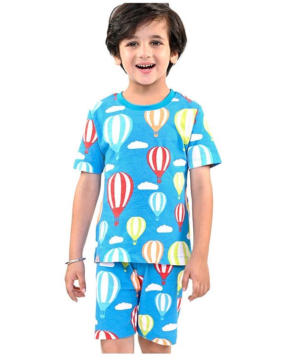 Babyhug Cotton Knit Half Sleeves Hot Air Balloon Printed Night Suit - Blue