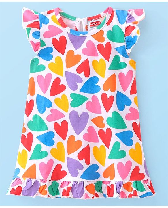 Babyhug Cotton Knit Single Jersey Cap Sleeve Nighty With Heart Print - Pink