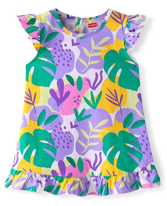 Babyhug Cotton Knit Single Jersey Frill Sleeves Nighty With Tropical Print - Multicolour