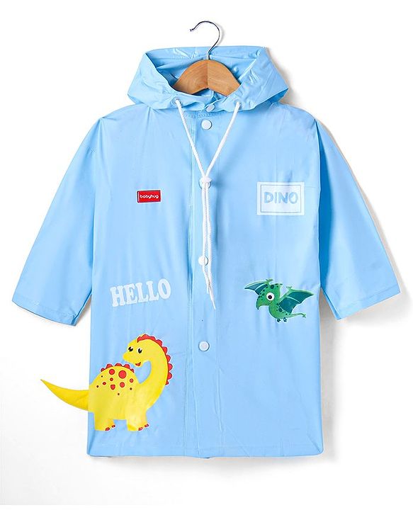 Babyhug Full Sleeve Below Knee Length Hooded Raincoat with Dino Print & Applique - Light Blue