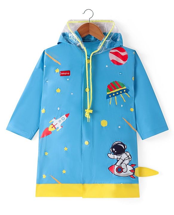 Babyhug Full Sleeves Below Knee Length Raincoat Astronaut Print - Blue