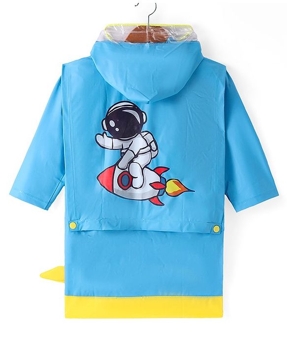 Babyhug Full Sleeves Below Knee Length Raincoat Astronaut Print - Blue
