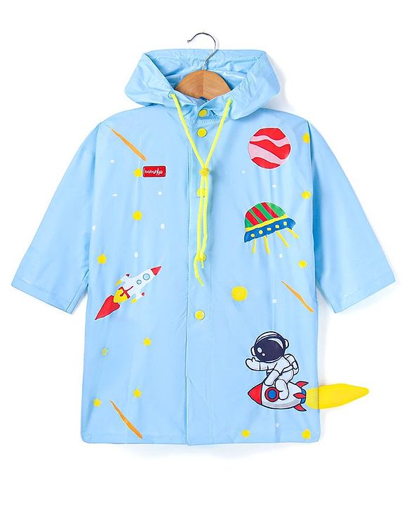 Babyhug Full Sleeves Below Knee Length Raincoat Astro Print & Applique  - Light Blue