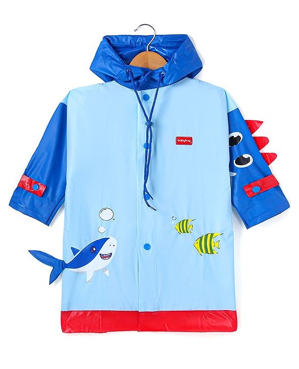 Babyhug Full Sleeves Below Knee Length Raincoat Shark Print & Applique - Light Blue