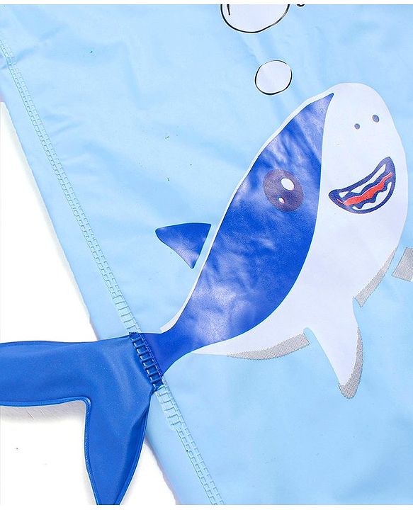 Babyhug Full Sleeves Below Knee Length Raincoat Shark Print & Applique - Light Blue