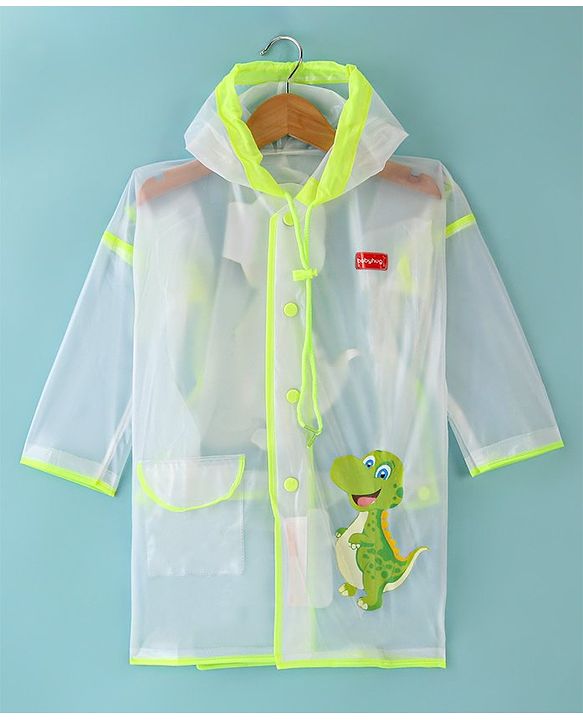 Babyhug Full Sleeves Below Knee Length Dino Box Kids Hooded Raincoat - White & Green