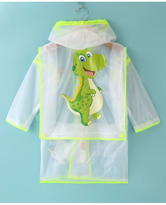 Babyhug Full Sleeves Below Knee Length Dino Box Kids Hooded Raincoat - White & Green