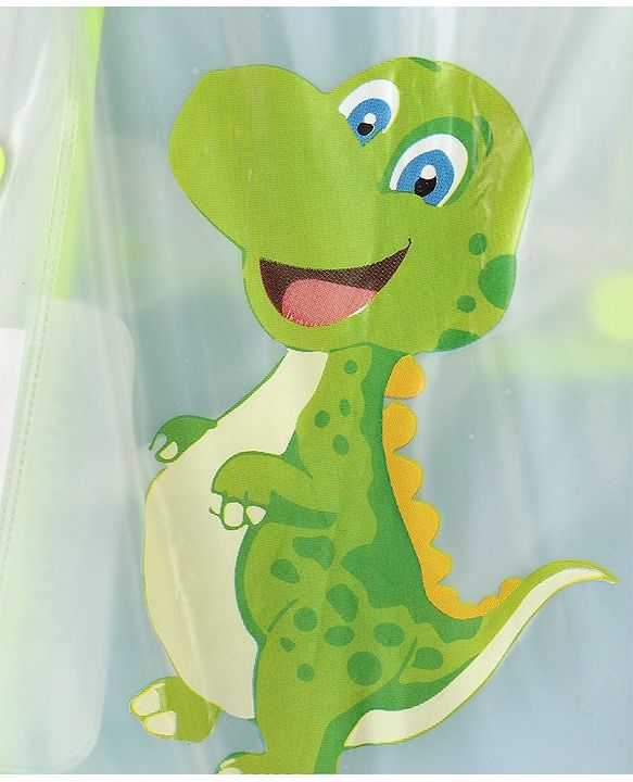 Babyhug Full Sleeves Below Knee Length Dino Box Kids Hooded Raincoat - White & Green