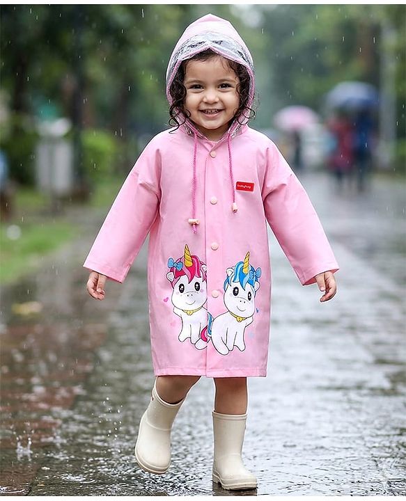 Babyhug Full Sleeves Below Knee Length Hooded Raincoat Unicorn Print - Purple