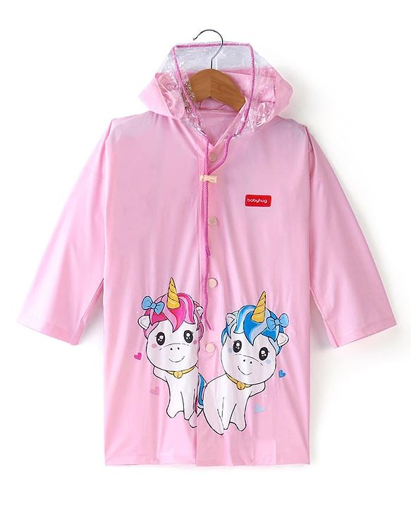 Babyhug Full Sleeves Below Knee Length Hooded Raincoat Unicorn Print - Purple