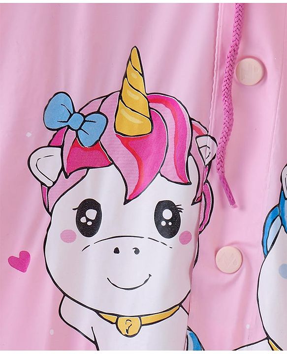 Babyhug Full Sleeves Below Knee Length Hooded Raincoat Unicorn Print - Purple
