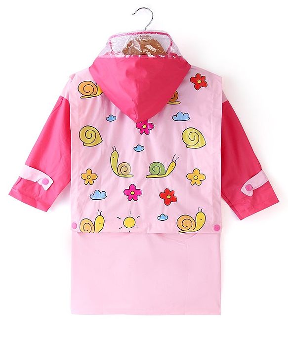 Babyhug Full Sleeves Below Knee Length Hooded Raincoat Snail Print - Pink