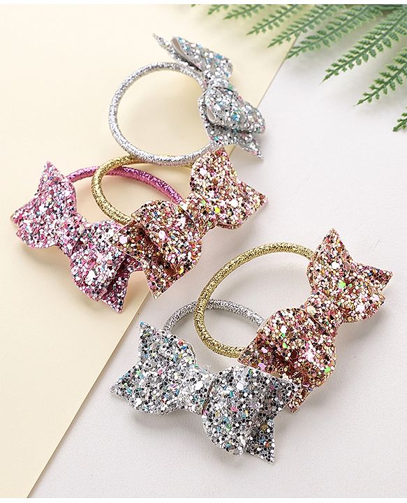 Pine Kids Free Size Sequin Bow Applique Rubber Bands Set of 5 - Multicolor