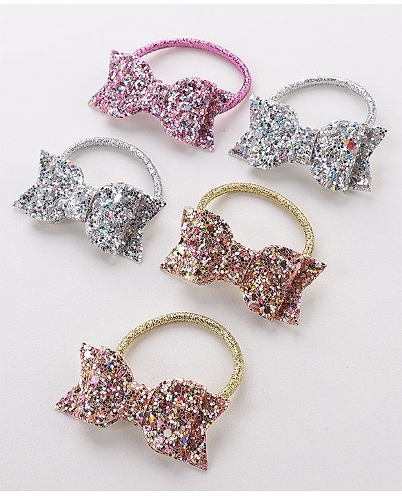 Pine Kids Free Size Sequin Bow Applique Rubber Bands Set of 5 - Multicolor