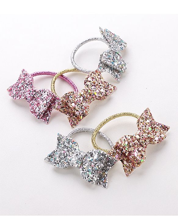 Pine Kids Free Size Sequin Bow Applique Rubber Bands Set of 5 - Multicolor
