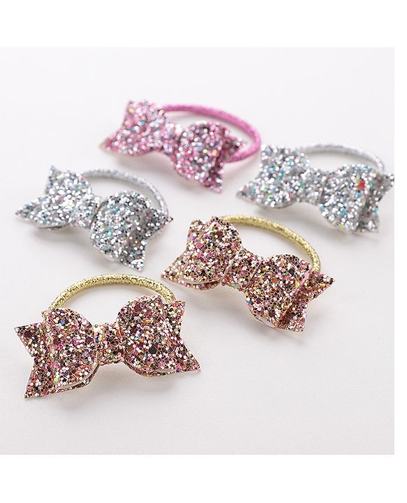 Pine Kids Free Size Sequin Bow Applique Rubber Bands Set of 5 - Multicolor
