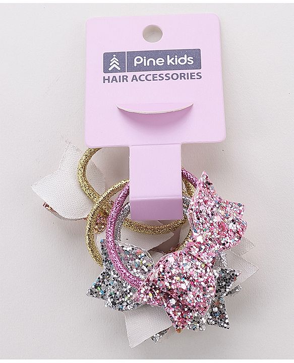 Pine Kids Free Size Sequin Bow Applique Rubber Bands Set of 5 - Multicolor