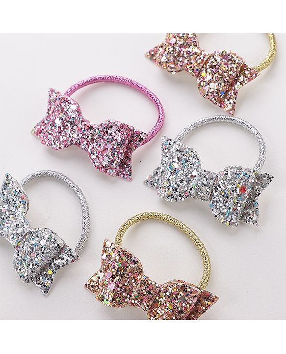 Pine Kids Free Size Sequin Bow Applique Rubber Bands Set of 5 - Multicolor