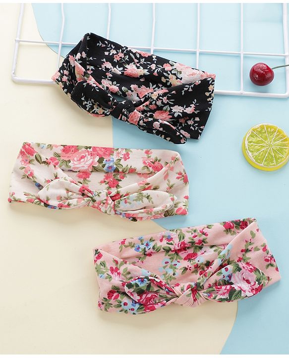 Pine KIds Headbands  with Bow Applique Floral Print Pack of 3 - Multicolor