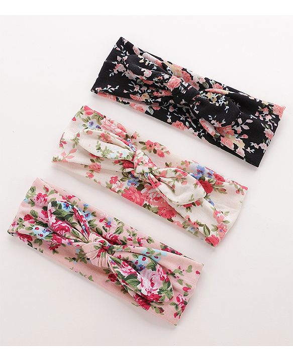 Pine KIds Headbands  with Bow Applique Floral Print Pack of 3 - Multicolor
