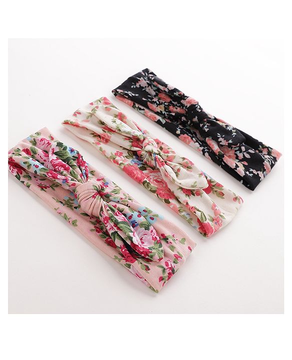 Pine KIds Headbands  with Bow Applique Floral Print Pack of 3 - Multicolor