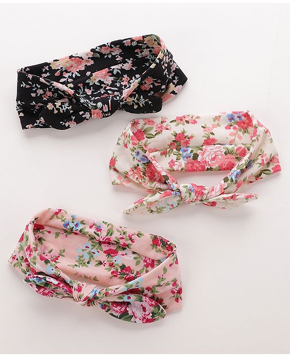 Pine KIds Headbands  with Bow Applique Floral Print Pack of 3 - Multicolor