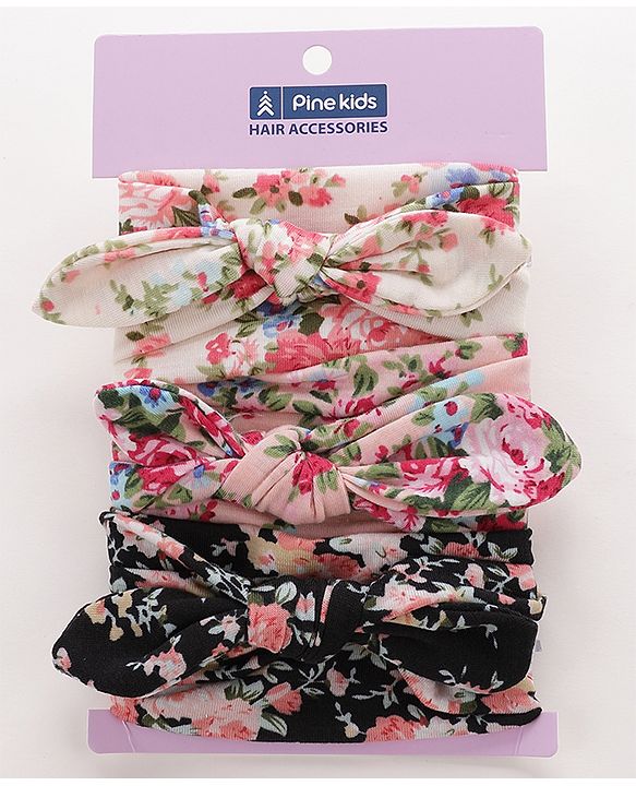 Pine KIds Headbands  with Bow Applique Floral Print Pack of 3 - Multicolor