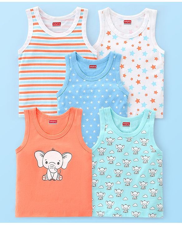 Babyhug 100% Cotton Sleeveless Sandos With Elephant & Star Print Pack Of 5 - Multicolour