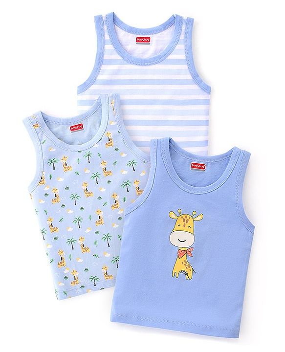 Babyhug 100% Cotton Single Jersey Knit Sleeveless Sando Stripes & Giraffe Print Pack Of 3 - Multicolor
