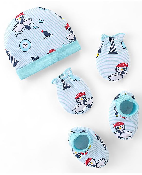 Babyhug 100% Cotton Knit Cap Mittens And Booties Beach Theme - Blue