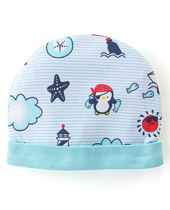 Babyhug 100% Cotton Knit Cap Mittens And Booties Beach Theme - Blue