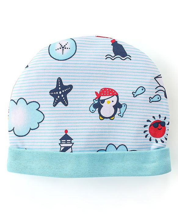 Babyhug 100% Cotton Knit Cap Mittens And Booties Beach Theme - Blue