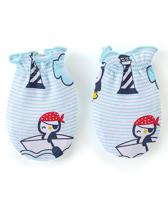 Babyhug 100% Cotton Knit Cap Mittens And Booties Beach Theme - Blue