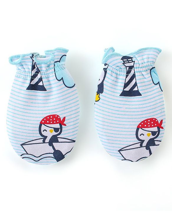 Babyhug 100% Cotton Knit Cap Mittens And Booties Beach Theme - Blue