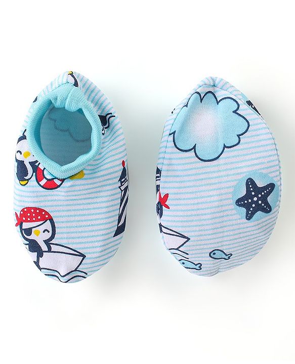 Babyhug 100% Cotton Knit Cap Mittens And Booties Beach Theme - Blue