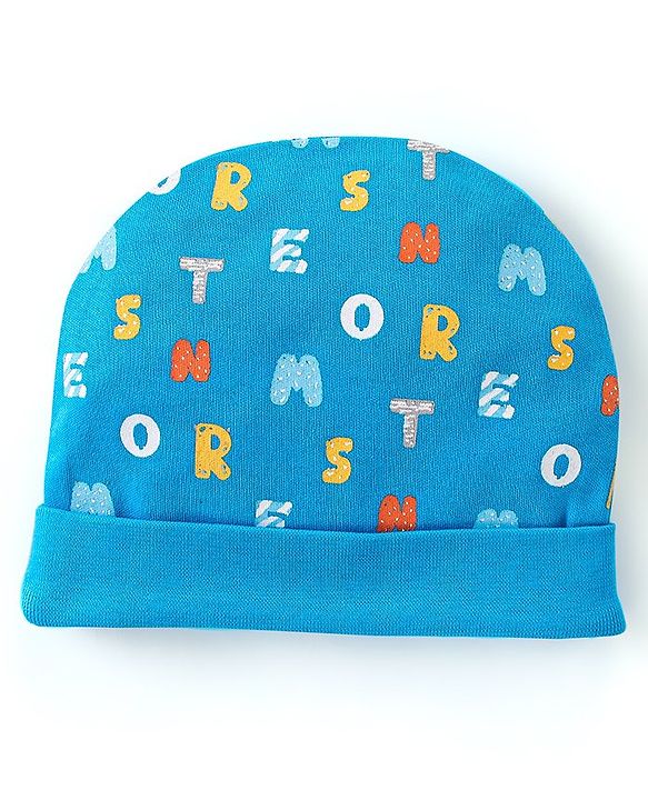 Babyhug 100% Cotton Knit Cap Mittens And Booties Alphabet Print - Blue