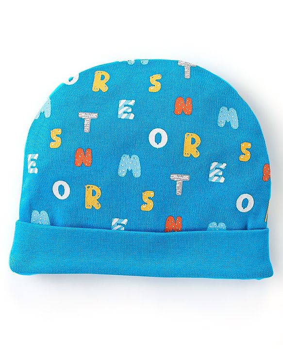 Babyhug 100% Cotton Knit Cap Mittens And Booties Alphabet Print - Blue