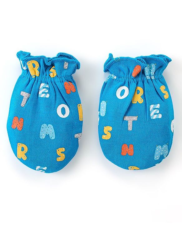 Babyhug 100% Cotton Knit Cap Mittens And Booties Alphabet Print - Blue