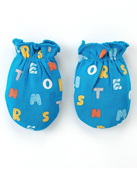 Babyhug 100% Cotton Knit Cap Mittens And Booties Alphabet Print - Blue