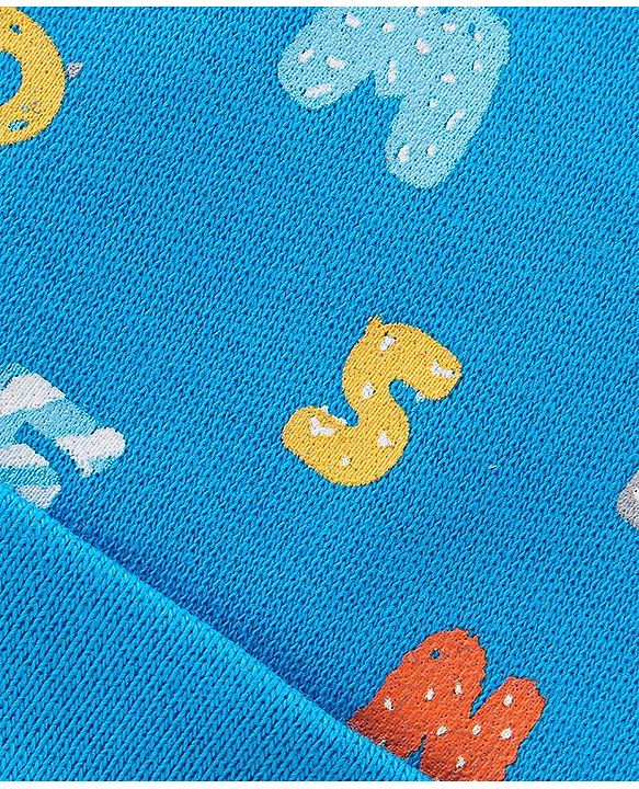 Babyhug 100% Cotton Knit Cap Mittens And Booties Alphabet Print - Blue