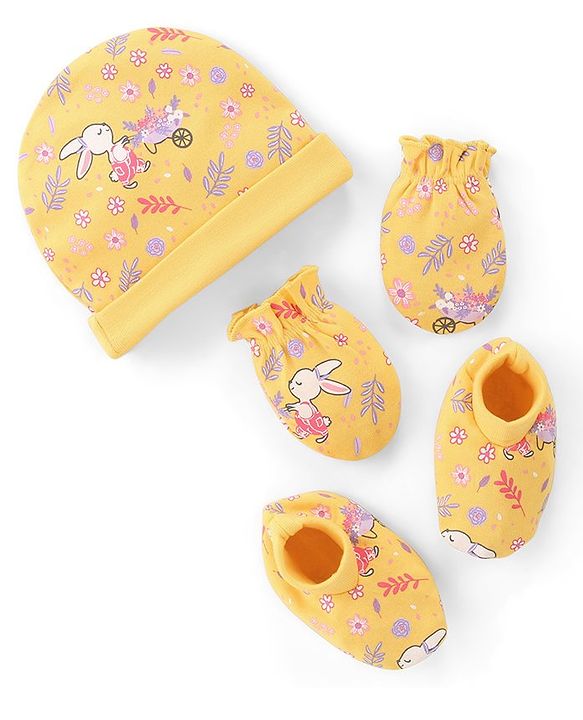 Babyhug 100% Cotton Knit Cap Mittens And Booties Floral Print - Yellow