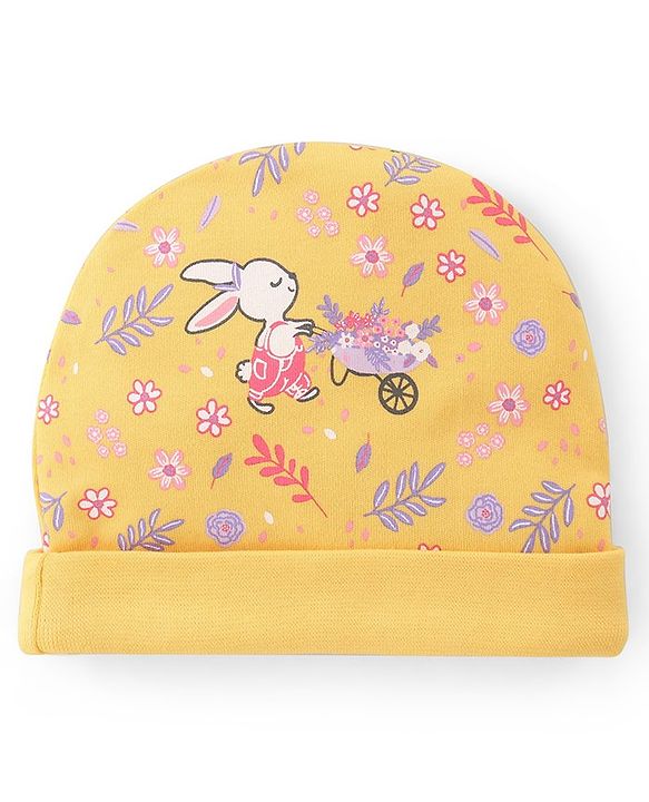 Babyhug 100% Cotton Knit Cap Mittens And Booties Floral Print - Yellow