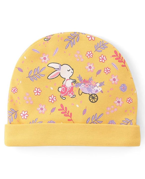 Babyhug 100% Cotton Knit Cap Mittens And Booties Floral Print - Yellow