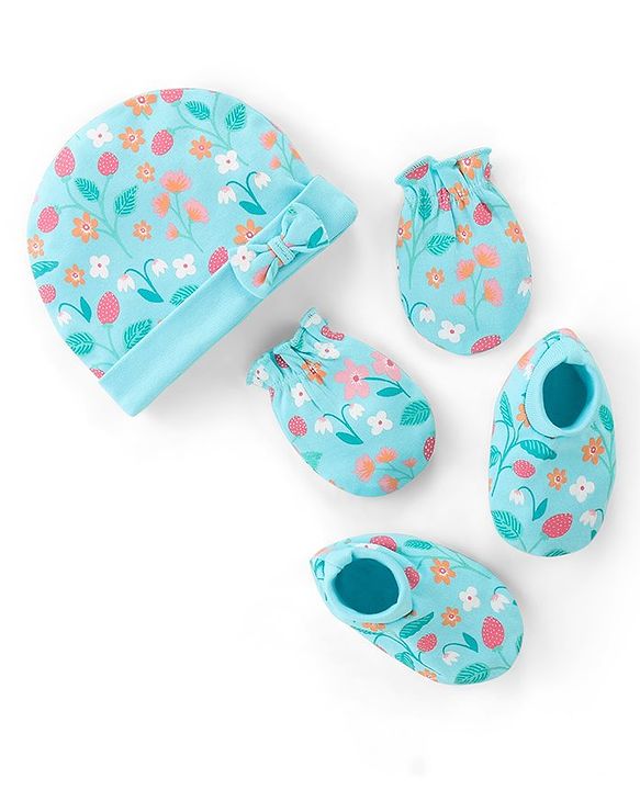 Babyhug 100% Cotton Knit Cap Mittens And Booties Floral Print - Blue