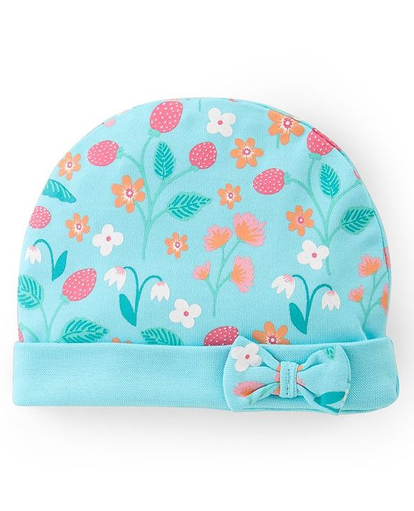 Babyhug 100% Cotton Knit Cap Mittens And Booties Floral Print - Blue