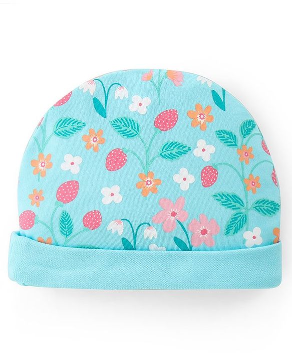 Babyhug 100% Cotton Knit Cap Mittens And Booties Floral Print - Blue