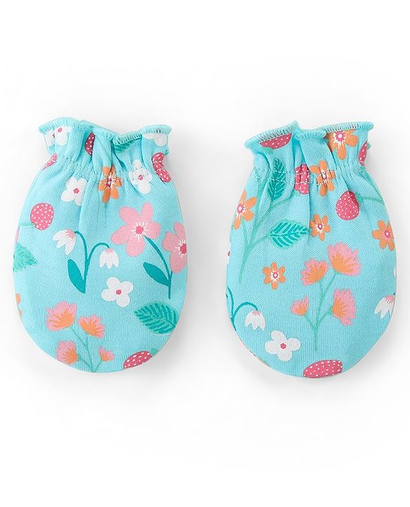 Babyhug 100% Cotton Knit Cap Mittens And Booties Floral Print - Blue